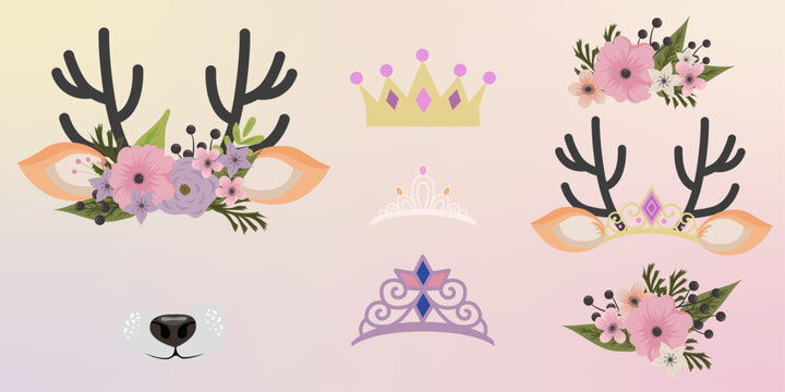 Deer face elements set cartoon flat design ears and noses vector illustration isolated on white background. Reindeer mask filter with flower crown. Vector illustration