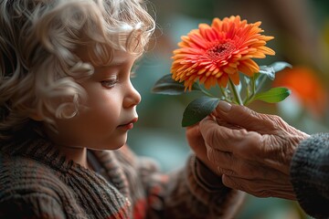 Beautiful boy giving a flower to grandma. Happy mothers day. Grandson and grandmother spending time together. Act of kindness to an elderly woman. Funny boy with flowers and his grandmother in park.