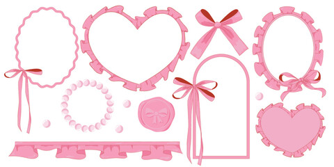 Set of pink girly vintage bow and frames and pearl bracelets, ribbon, beads and wax seal stamp set. Ribbons isolated. Trendy coquette girls accessories.