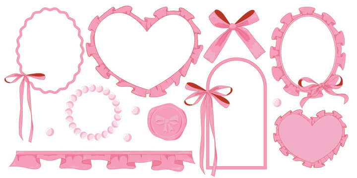 Set of pink girly vintage bow and frames and pearl bracelets, ribbon, beads and wax seal stamp set. Ribbons isolated. Trendy coquette girls accessories.
