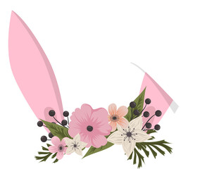 Bunny face elements, cartoon flat design headband ears. Rabbit mask filter with flower crown.