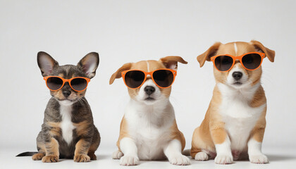 Cute cat and dog with sunglasses sitting together on white background