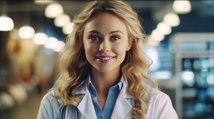 A confident female doctor, adorned in a white coat and equipped with a stethoscope, stands assertively against a blurred hospital backdrop in healthy concept with copyspace