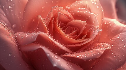 Present a single rose with dew-kissed petals in extreme macro, capturing the sparkling beauty of each droplet..