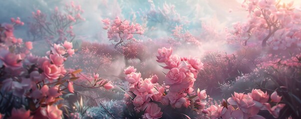 Fototapeta na wymiar Pink flowers, in surreal 3d landscape, soft and dreamy tones, fairy tale Generative Ai 