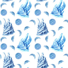 Watercolor seamless patterns with blue icebergs and magic moons for template, clipart for winter holidays, Earth Day, Marine and Ocean life, for scrapbook, stickers, cards, borders, frames