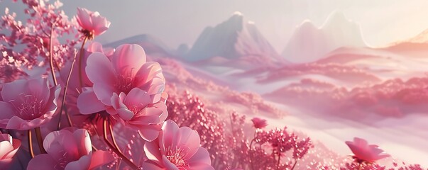 Pink flowers, in surreal 3d landscape, soft and dreamy tones, fairy tale Generative Ai 