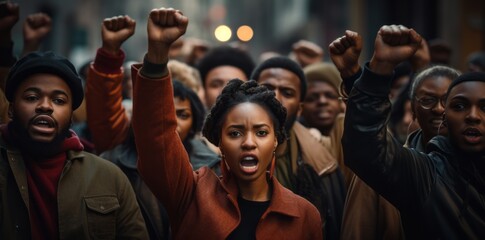 Protest, stop hands and black woman with people - obrazy, fototapety, plakaty