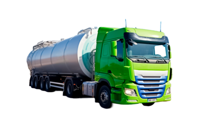Truck with hydrogen fuel tank trailer. Sustainable renewable energy. Commercial logistic truck transport with green power isolated on transparent or white background.

