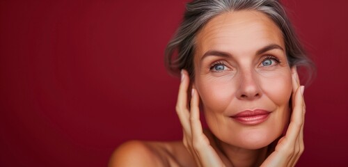 Obraz premium Beautiful elderely woman with healthy skin, makeup, stylish hairstyle, smiling. Banner with gorgeous older woman, studio shot, red background. 