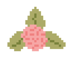 Abstract Rose bud with leaves in Pixel art style. Simple retro pink flower illustration