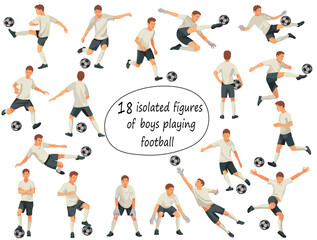 Teenage boy football players and goalkeepers in white shirts jumping, running, kicking the ball, standing in goal in white uniforms