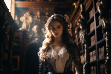 Portrait of attractive woman in beautiful public library