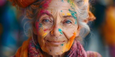 Elderly Woman Smiling at Holi Festival with Powder on Her Face: High-Quality Image with Ample Copy Space. Concept Holi Festival, Elderly Woman, Smiling, Colorful Powder, Copy Space