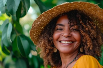 Portrait of a gorgeous mature latina woman with curly hair, looking into the camera, smiling. Beautiful hispanic woman with hat on head.  - obrazy, fototapety, plakaty