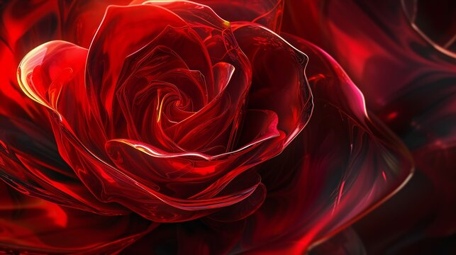 the splendor of a scarlet rose bloom in extreme macro, highlighting the intricate details of its velvety petals.