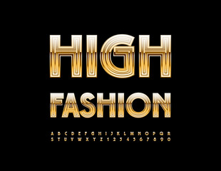 Vector trendy Emblem High Fashion. Exclusive Gold Font. Modern Cool Alphabet Letters and Numbers.