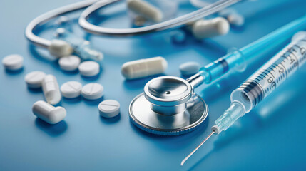 Medical medicine stethoscope and pills syringe