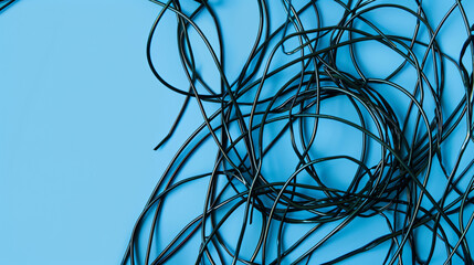 Messy black wires against a blue background