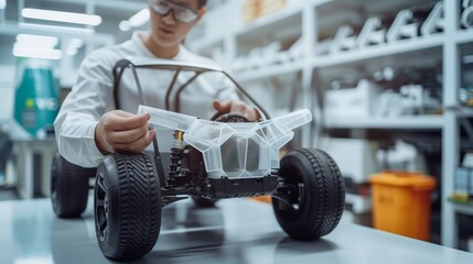 Fototapeta premium Engineer examining prototype electric vehicle in high-tech laboratory