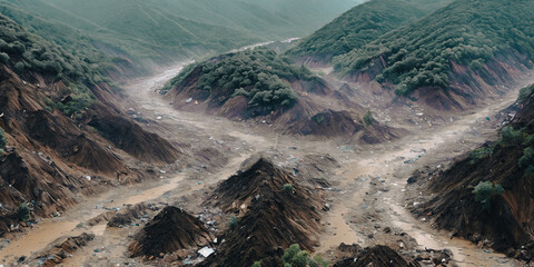 The aftermath of a massive landslide in a mountainous region