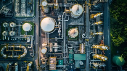 Fototapeta premium Complex industrial refinery layout with surrounding greenery aerial view