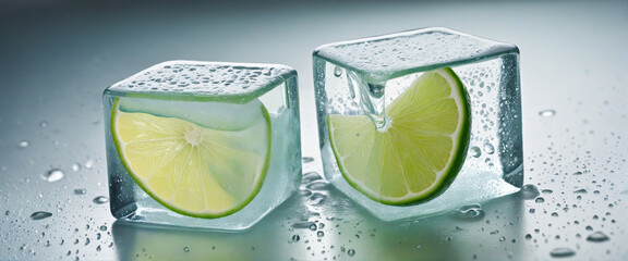 Juicy lime half frozen inside transparent ice cube, covered with water drops, isolated on white background