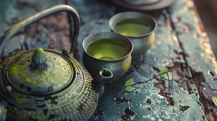 Deurstickers METAL TEAPOT WITH TWO CUPS OF GREEN TEA © Rimsha