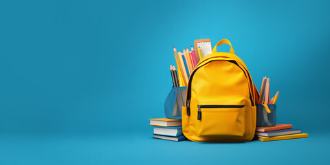 Yellow elementary school backpack full with office supplies books and stuff wide blue panorama background. learning study and education rucksack concept. - 747924371
