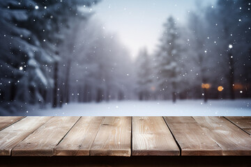 Empty old Wooden table in front of winter snowstorm landscape blurred background сreated with Generative Ai
