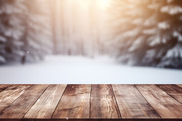 Empty old Wooden table in front of winter snowstorm landscape blurred background сreated with Generative Ai
