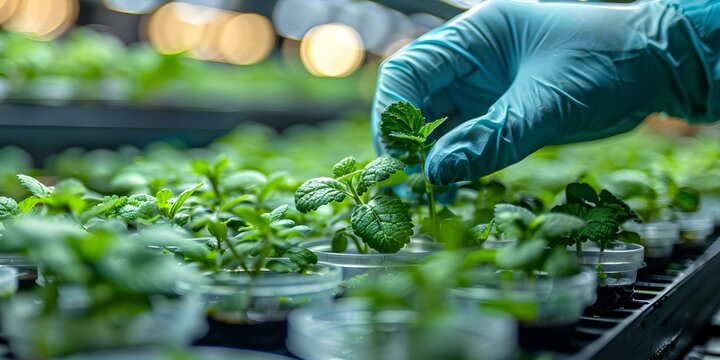 Researchers conducting hydroponics experiment with petri dish and liquid investigating plants. Concept Hydroponics, Experiment, Petri Dish, Liquid Analysis, Plant Growth