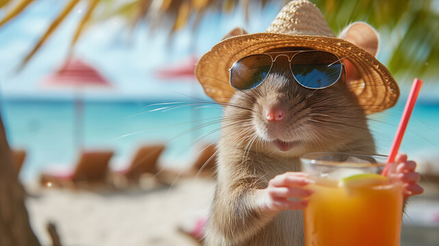 Funny rat with a cocktail on summer vacation. Neural network generated image. Not based on any actual scene or pattern. - Powered by Adobe