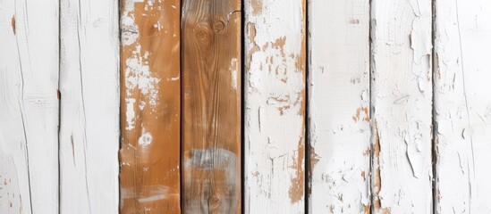 A white wooden wall with peeling paint, showcasing a distressed and weathered appearance. The paint is cracked and flaking off, revealing the wood underneath. The peeling creates a textured and worn
