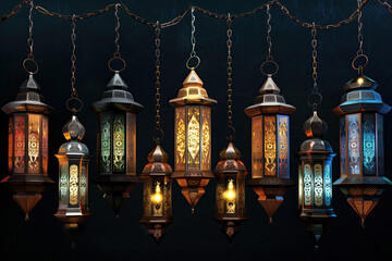 Obraz premium islamic lanterns hanging on dark background. ramadan kareem holiday celebration concept