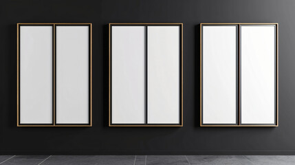 three vertical frames mockup, concept of proposal and design phase of a product, isolated dark background.