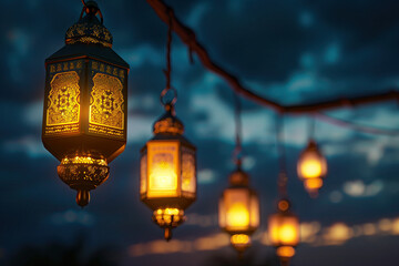 Fototapeta na wymiar islamic lanterns hanging on dark background. ramadan kareem holiday celebration concept