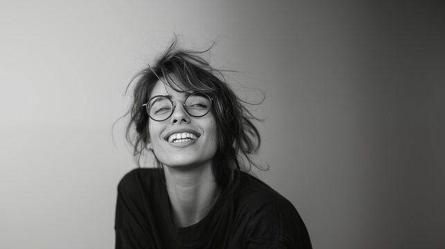 black and white picture of a beautiful woman with glasses smiling on a plain background