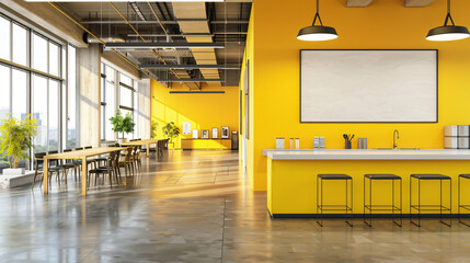 Modern yellow office kitchen interior with empty