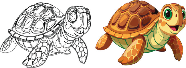 Cute cartoon turtle in color and black & white