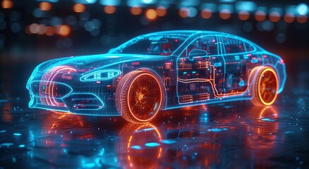 3D graphic rendering showing a fully car with a holographic design on a blue background.generative ai