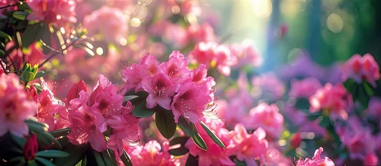 Photo sur Plexiglas Azalée Bright pink rhododendron flowers are in full bloom, adding a burst of color to the garden. The beautiful flowers are opening up under the sunlight, showcasing their vivid hue and delicate petals.
