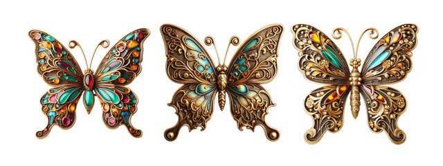 Butterfly brooch old fashion made of gold with intricate design 3 set transparent background PNG - obrazy, fototapety, plakaty