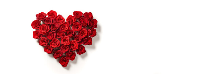 Heart shape made of red roses on white background, love concept