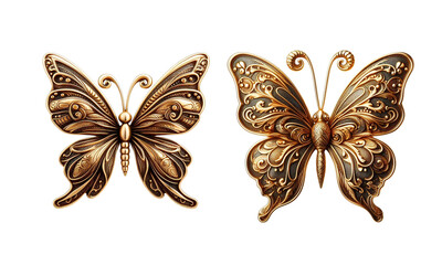 Butterfly brooch old fashion made of gold with intricate design 2 set transparent background PNG - obrazy, fototapety, plakaty
