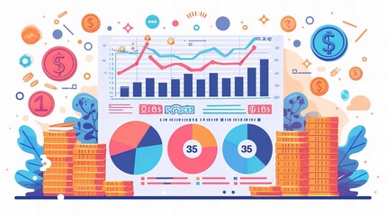 Obraz premium Statistical data presented in the form of digital graphs and charts on the tablet. Financial analysis business concept on screen. Vector illustration, flat design.