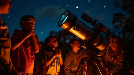 A group of explorers gathered around a telescope each taking turns peering through the lens to get a closer look at the constellations above. The glow of the campfire lights