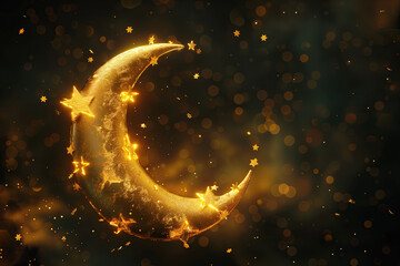 3d golden crescent with stars on a black background. ramadan kareem holiday celebration concept. greeting card template