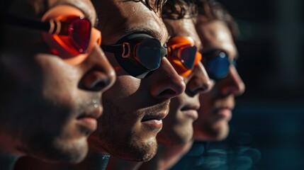 A group of five men wearing swimming goggles lined up looking forward with serious expressions.