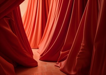 Fantastic narrow corridor formed by red curtains.